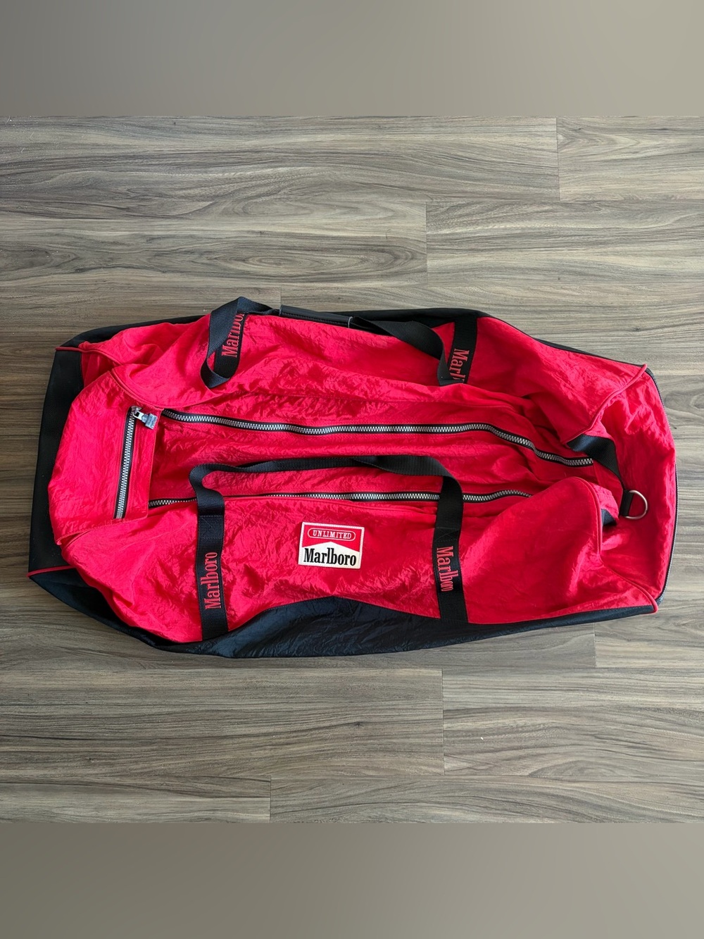Vintage 1990s 90s Marlboro Unlimited Rolling Duffle Bag Large Red Black 36”x14”
